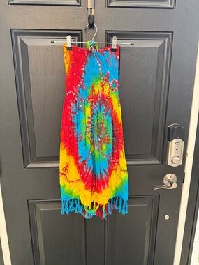 Vibrant Tie-Dye Strapless Fringe Dress - Multicolor